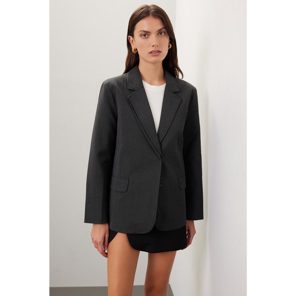 MOON RIVER Gray Pinstripe Double Layered Front Button Blazer Jacket sz Medium - Picture 3 of 16